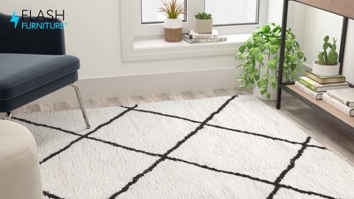 Ivory and Black Diamond Trellis Shag Rug, 5' x 7'