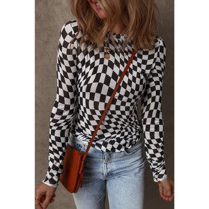 Checkered Pattern Mesh Mock Neck Long Sleeve Top - 1 of 1