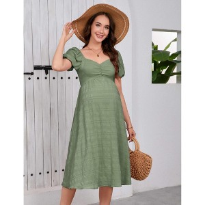 Women's Maternity Tie Backless Ruffle Trim Short Sleeve Square Neck A Line Dress Solid Flared Dresses - 1 of 4