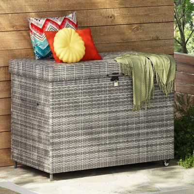 Coolbibila-230 Gallon Wicker Deck Box With Wheels, All-Weather Outdoor Storage Box, Rattan Storage Bin For Patio Furniture, Pool Storage