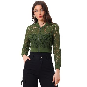INSPIRE CHIC Women's Stand Collar Zip Up Mesh Sheer Lace Bomber Jacket - 1 of 4