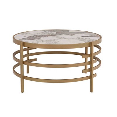 32.48'' Round Coffee Table With Sintered Stone Top&Sturdy Metal Frame, Modern Coffee Table for Living Room, Golden