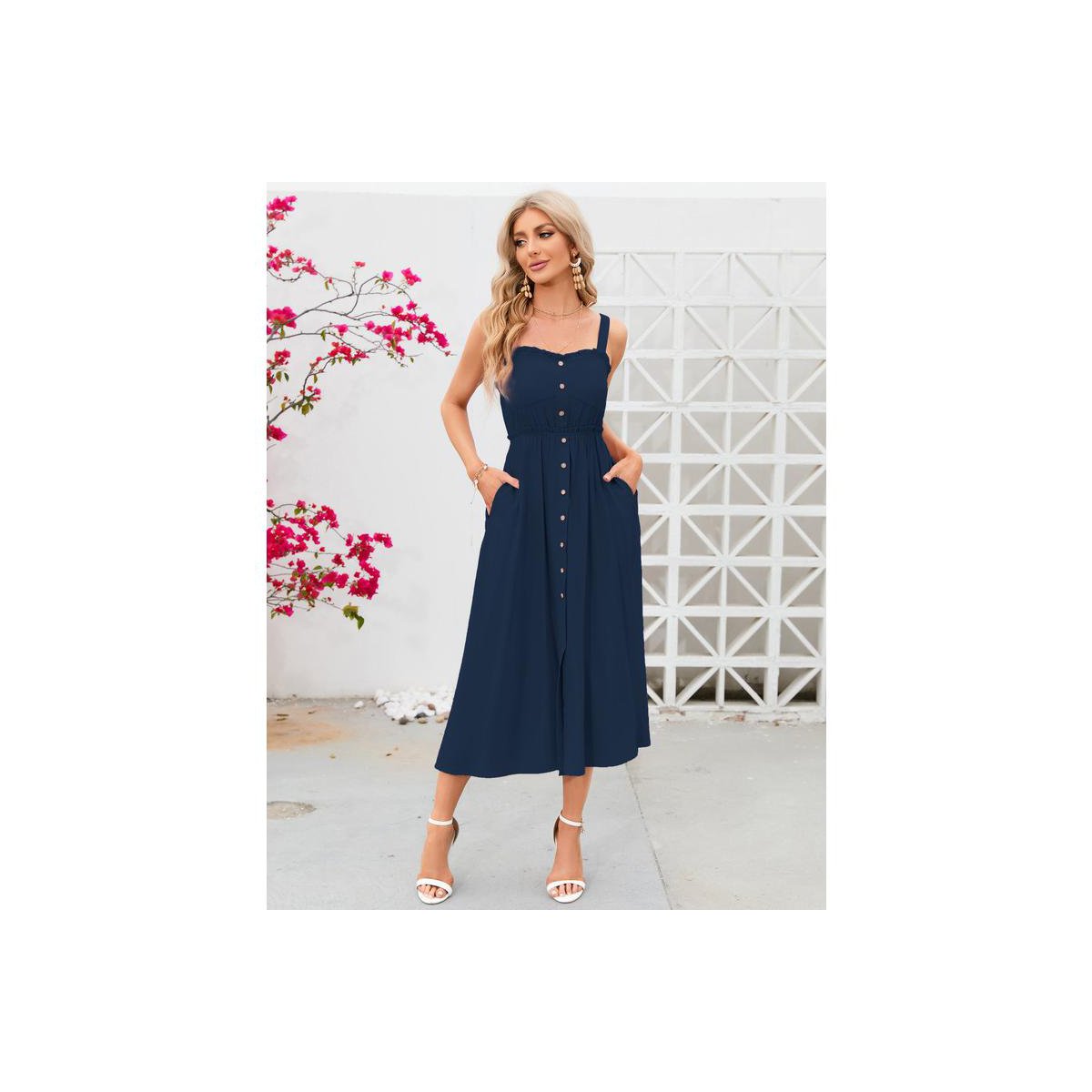 Женские платья Garvee Women's Dress Casual Summer Spaghetti Strap Dress Button Down Sleeveless A Line Beach Swing Midi Sundress Navy Blue Small — фото 2