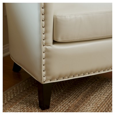 Ivory Leather Barrel Club Chair with Wood Legs