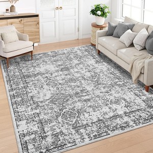Vintage Floral Printed Distressed Rug for Living Room Retro Thin Washable Area Rugs for Bedroom Low Pile Non Slip Ultra Soft Carpet - 1 of 4