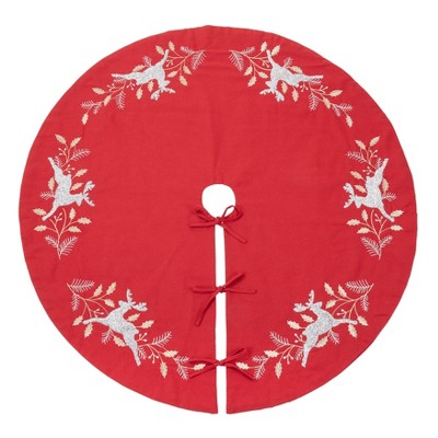 Red Embroidered Reindeer Christmas Tree Skirt, 54" Round