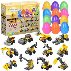 12 PCS Easter Eggs with Mini Construction Trucks – Prefilled Surprise Toy Set for Kids, Party Favors, Easter Basket Stuffers - 1 of 4