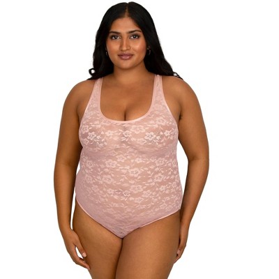 Curvy Couture Womens Plus Size No Show Lace Bodysuit Blushing Rose