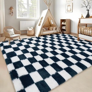 Modern Checkered Runner Rug, Ultra-Soft High Pile Non-Slip Shaggy Carpet for Hallway Bedroom Entryway - 1 of 4