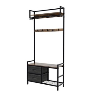 Vynxaria 33.1 Inch Independent Coat Rack in Brown, 2 Removable Drawers, Shoe Storage, 23 Hanging Hooks Perfect for Indoors - 1 of 4