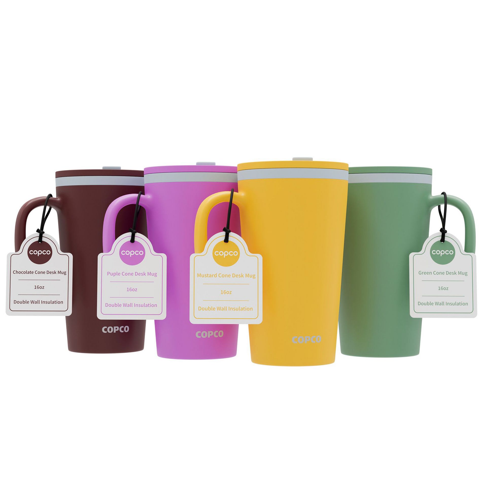 Copco Cone Desk Mug, 16 Ounce (Set of 4) - Double Wall Insulated Mug Set with Lid and Handle, Microwave & Dishwasher Safe, BPA-Free (Assorted Colors)