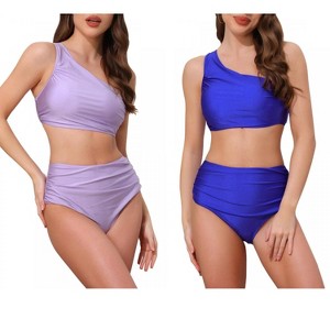 INSPIRE CHIC Women's One Shoulder Push Up Top High Waisted Tummy Control Bottom Swimwear Bikini Suits 2 Sets - 1 of 4