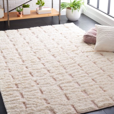 Ivory and Pink Hand-Tufted Wool Shag Area Rug 3' x 5'