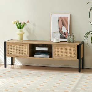 55.12"/54.33"W Rattan TV Stand with Solid Wood/Metal Legs and Sliding Door for Storage, TV Console Cabinet 4W - ModernLuxe - 1 of 4