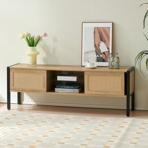 55.12"/54.33"W Rattan TV Stand with Solid Wood/Metal Legs and Sliding Door for Storage, TV Console Cabinet 4W - ModernLuxe - image 1 of 4