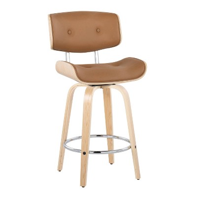 Camel Faux Leather and Natural Wood Swivel Counter Stools