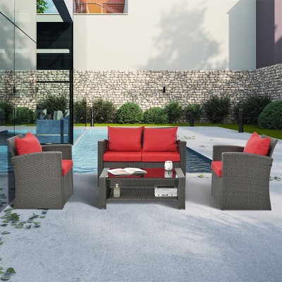 ELJGET 4-Piece Outdoor Patio Furniture Sets, Wicker Conversation Set for Porch Deck, Rattan Sofa Chair with Cushion