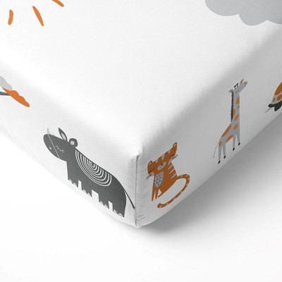 Bacati - Safari Animals Photo Op Aqua Orange Gray 100 percent Cotton Universal Baby US Standard Crib or Toddler Bed Fitted Sheet