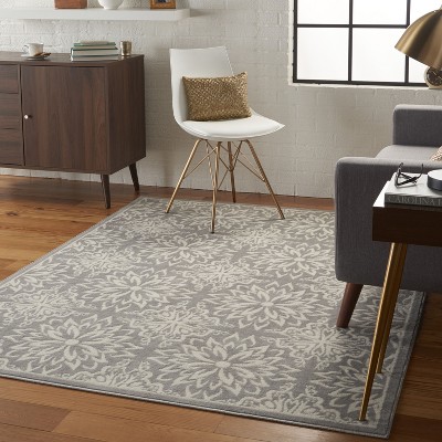 Ivory and Grey Floral Synthetic 5' x 7' Area Rug