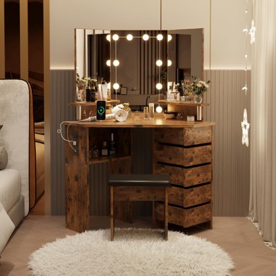 Vanity Desk w/ Lights & Outlet, 5 Drawers, Adjustable Lighting, Stool - for Women & Girls