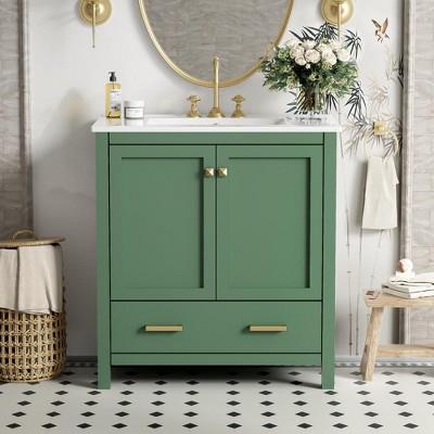 ALEXOUN Bathroom Vanity with Ceramic Sink,Wood Floor Standing Bathroom Vanity Cabinet with Double-Layered Storage Shelves & Divided Drawer