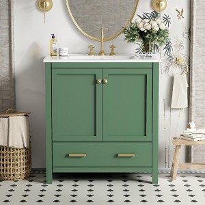 ALEXOUN Bathroom Vanity with Ceramic Sink,Wood Floor Standing Bathroom Vanity Cabinet with Double-Layered Storage Shelves & Divided Drawer - 1 of 4