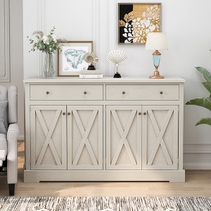 Sideboard Buffet Cabinet, Mid-Century Modern Buffet Cabinet With 2 Storage Drawers And 4 X-Shaped Pattern Doors - 1 of 4