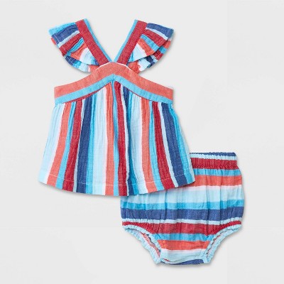 Image of Baby Girls' Gauze Top & Bottom Set - Cat & Jack™ Red/Blue Newborn