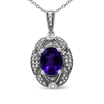 Haus of Brilliance Silver Diamond Accent and 9x7mm Purple Oval Amethyst Pendant Necklace
