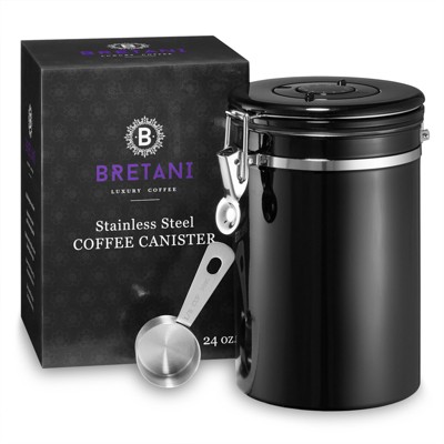 Bretani 24 oz Coffee Canister & Scoop Set - Stainless Steel Airtight Kitchen Storage Container for Coffee Beans and Grounds