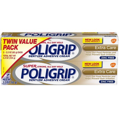 Poligrip Extra Care Zinc Free Denture and Partials Adhesive Cream Twin Pack - 2.2oz