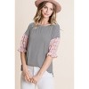 Slickblue Striped Curved Hem Casual Top, Mini Floral Chiffon Sleeves, Cute & Comfortable, Pink, S - 4 of 4