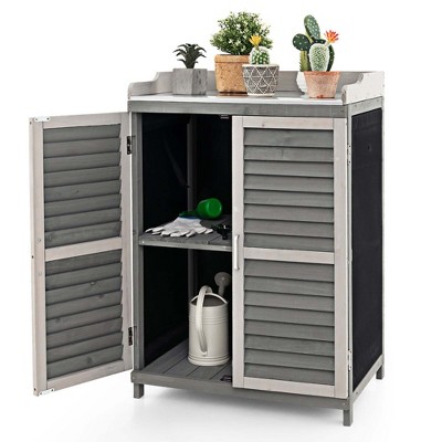 Costway Outdoor Potting Bench Table, Garden Storage Cabinet with Metal Tabletop