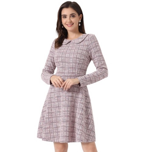 Allegra K Women's Vintage Tweed Plaid Grid Peter Pan Collar Long Sleeve  A-line Dress Pink Medium : Target