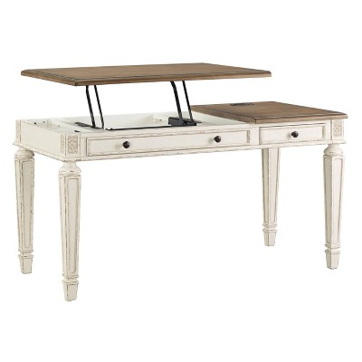 Rustic White & Brown Home Office Desk with Power Outlets and USB Ports