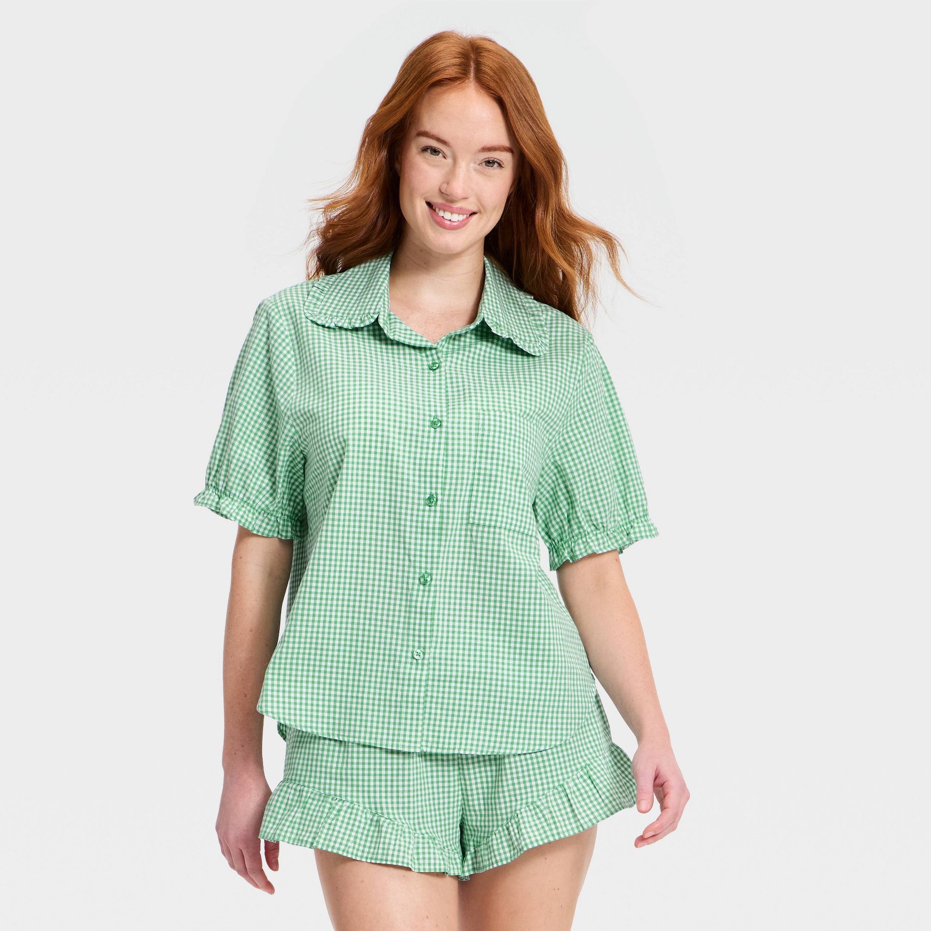 Women's Mommy & Me Ruffle Short Sleeve Notch Collar Shirt and Shorts Pajama Set - Auden™
