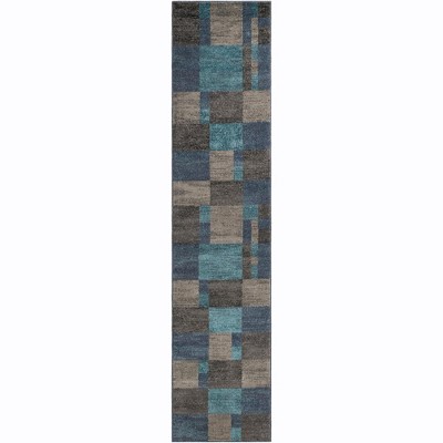 Blue Gray Geometric Stain-Resistant Runner Rug
