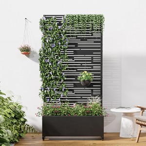 Wooakway Black Metal Planter Box with Trellis Raised Garden Bed with Arbor Privacy Screen with Wheels - 1 of 4