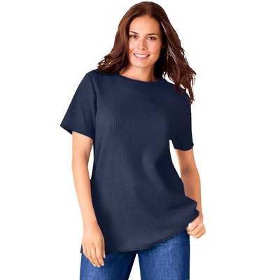 Woman Within Plus Size Waffle Thermal Satin Trim Tee