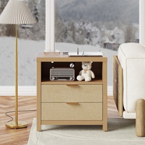 Nightstand with Charging Station Modern Night Stand with 2Slide Drawers and 1Open Shelf Natural End Table with Metal Handles Bedside Table for Bedroom - 1 of 4