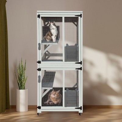 LAOTIES 30" Wooden Outdoor Cat Enclosure,Weatherproof Catio With Wheels,Napping House And Sliding Doors