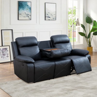 MAYEERTY Reclining Sofa, 3-Seat Breathable Leather Recliner with Reversible Coffee Table for Living Room, Black