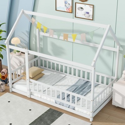 NicBex Twin/Full Size House Bed Frame,Toddler Floor Platform Bed with Roof Frame and Guardrails,Montessori Floor Bed for Kids,Adults,Teens