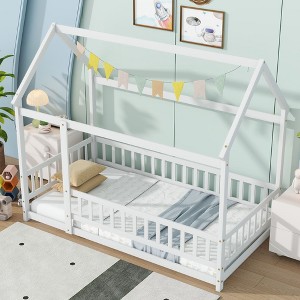NicBex Twin/Full Size House Bed Frame,Toddler Floor Platform Bed with Roof Frame and Guardrails,Montessori Floor Bed for Kids,Adults,Teens - 1 of 4