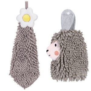 REGALWOVEN Soft Absorbent Flower Pattern and Sheep Pattern Chenille Hand Towel with Loop 6" x 15"/7" x 11" 2 Pcs - 1 of 4
