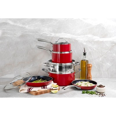 10-Piece Red Nonstick Aluminum Cookware Set with Glass Lids