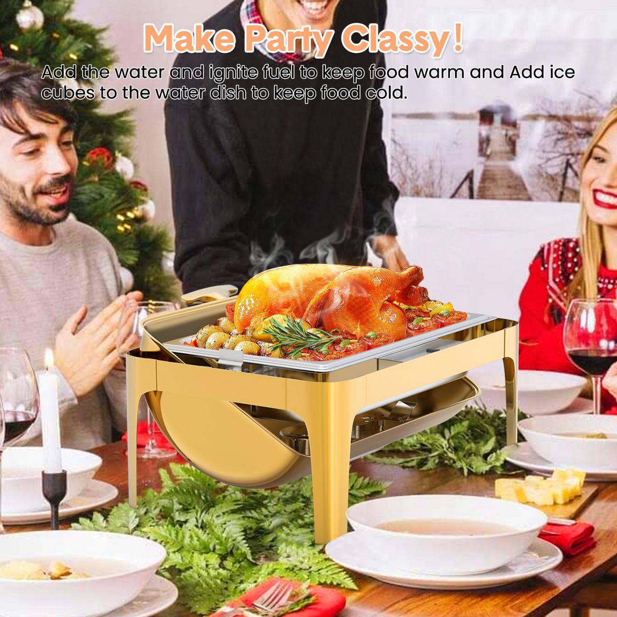 Garvee 9QT Rectangle Stainless Steel Chafing Dish, Catering Food Warmer Server with Visible Lid Water Pan Stand Fuel Holder Clip for Parties Weddings - thumbnail 4