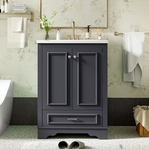 24" Bathroom Vanity with Ceramic Sink, Modern Freestanding Storage Cabinet with Silver Handles & Soft Closing Doors - ModernLuxe - 1 of 4