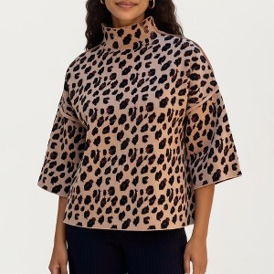 Anna-Kaci Women’s Leopard Print Knit Top with High Mock Neck, Wide Long Sleeves and Textured Finish for a Relaxed, Stylish Silhouette - 1 of 4