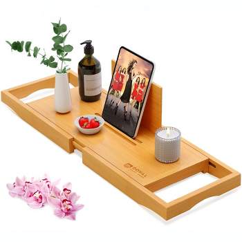Casafield Bathtub Caddy - Bamboo Adjustable Bath Organizer for Tablet,  Book, Phone, Wine Glass, Candles and Soap - Expandable Spa Tray Fits Most  Tubs